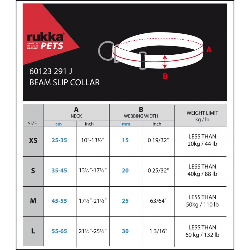 Rukka Pets Beam Sliphalsband, maattabel