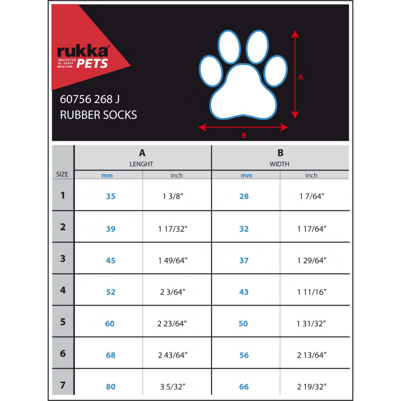 Rukka Rubber Sokjes, maattabel