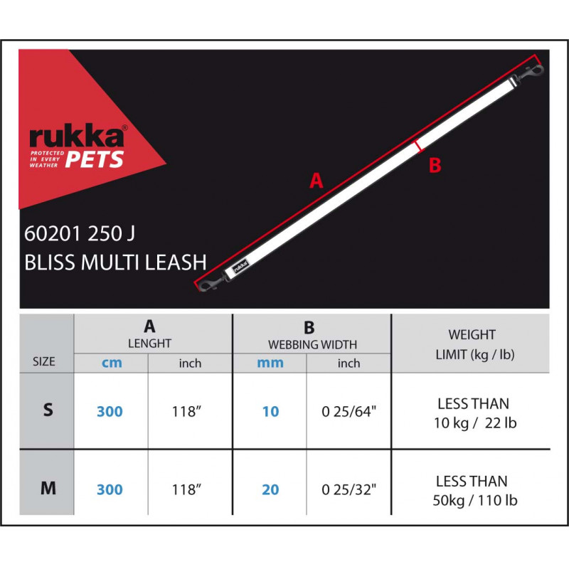 Rukka Pets Bliss multi riem, maattabel