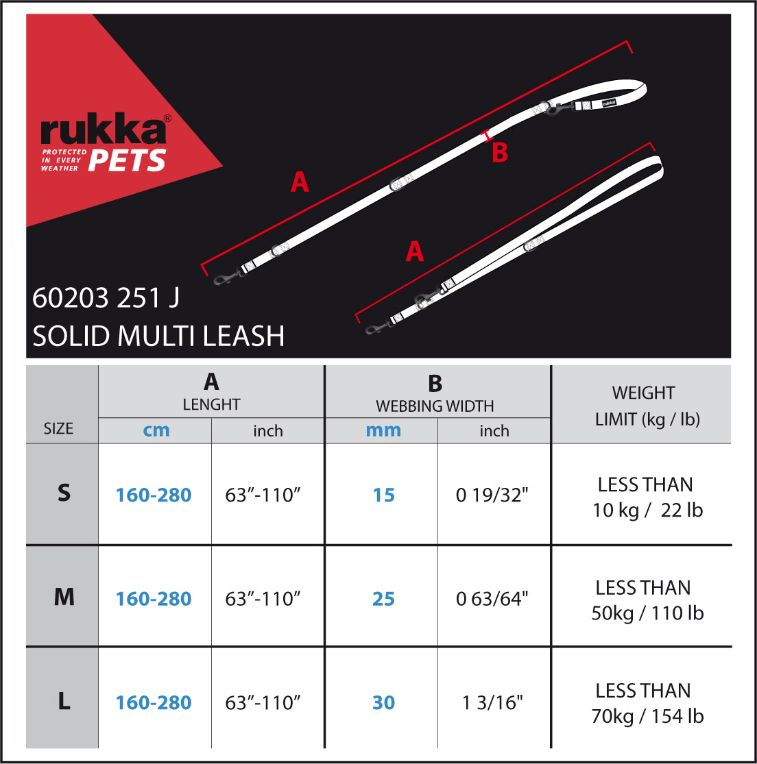 Rukka Pets solid multi lijn, maattabel