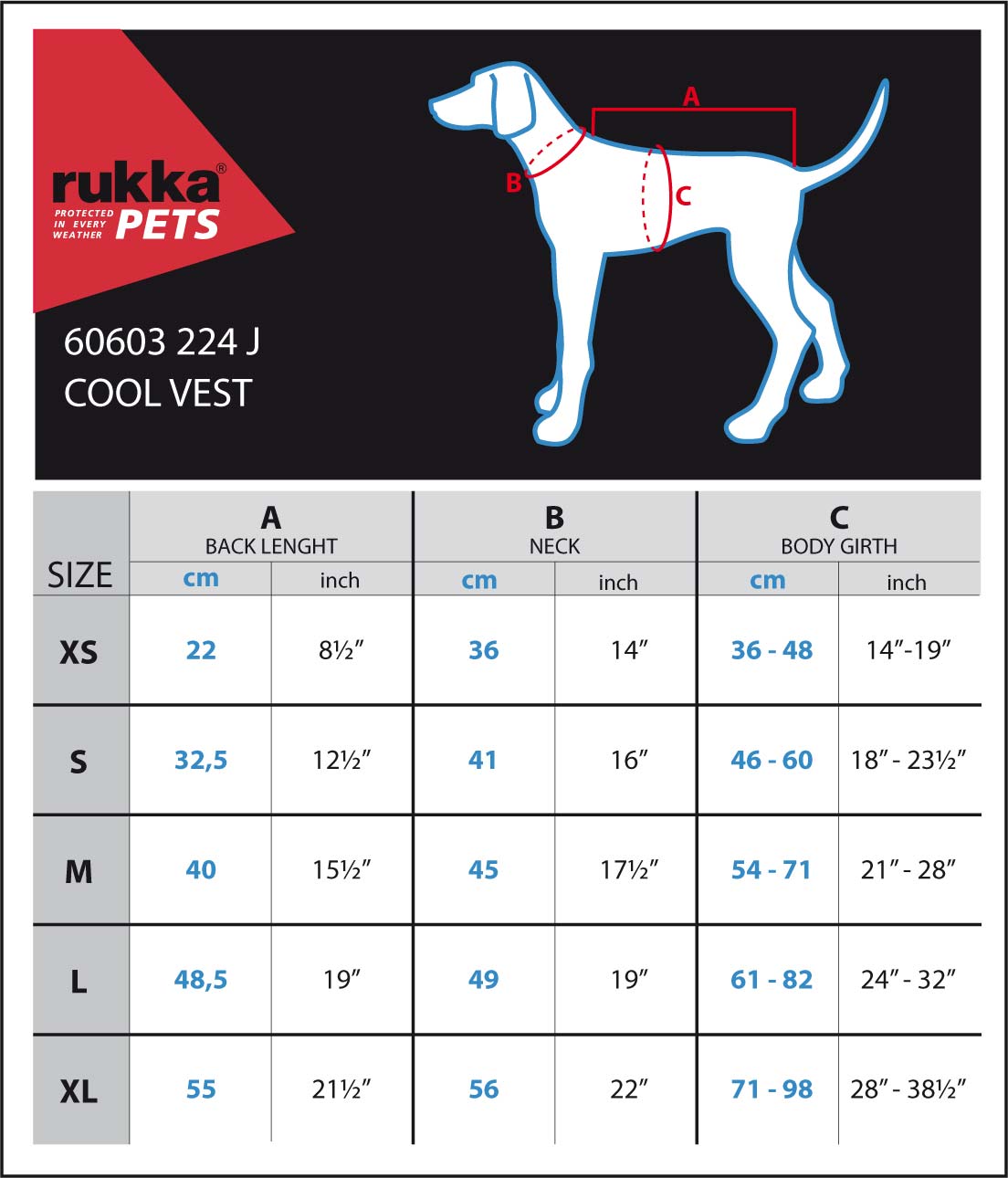 Rukka Pets Cool Vest, maattabel