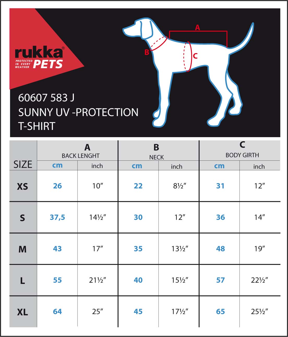 Rukka Pets Sunny UV - protectie t-shirt voor honden, maattabel