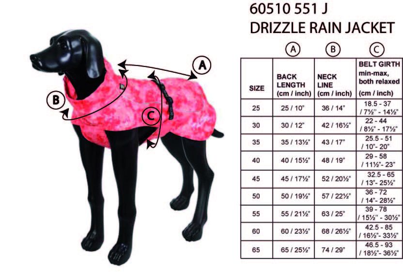 Rukka Pets Drizzle raincoat maattabel