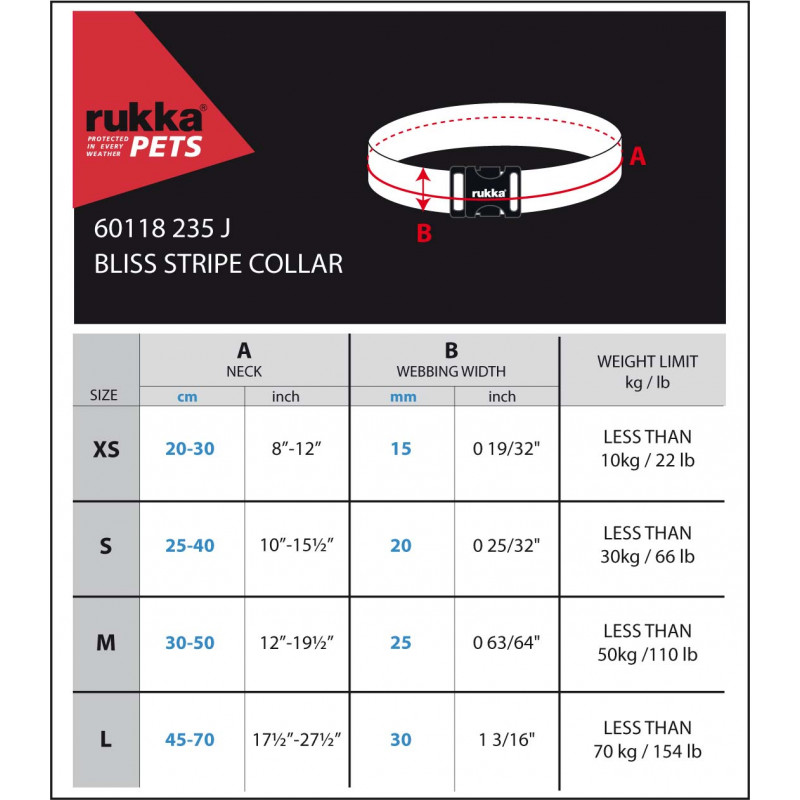 Rukka Pets Bliss Polar Stripe Halsband, maattabel