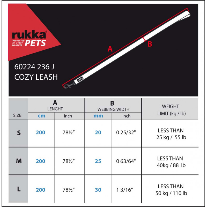 Rukka Pets Cozy lijn, maattabel