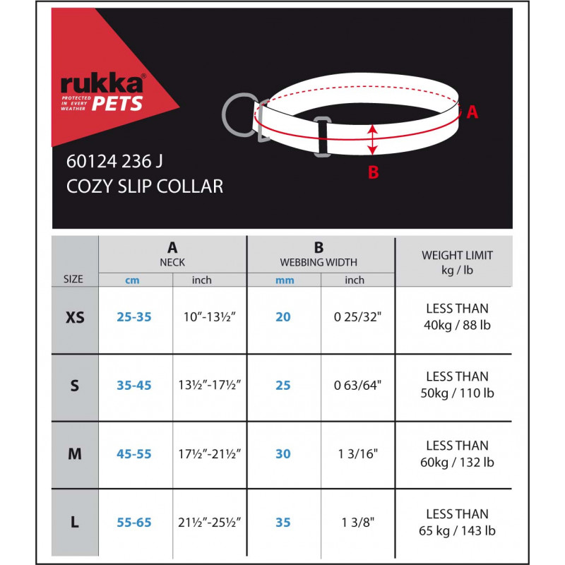 Rukka Pets Cozy Sliphalsband, maattabel